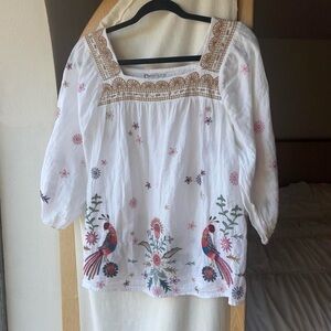 Johnny Was White Boho Peasant Blouse Embroidered Flowers